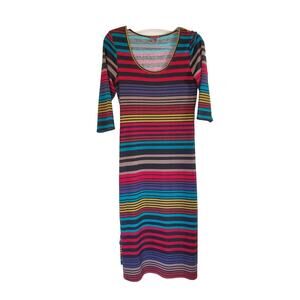 Vintage 80s Colorful Striped Bodycon Belted Midi Dress by Silvergate, Size Large